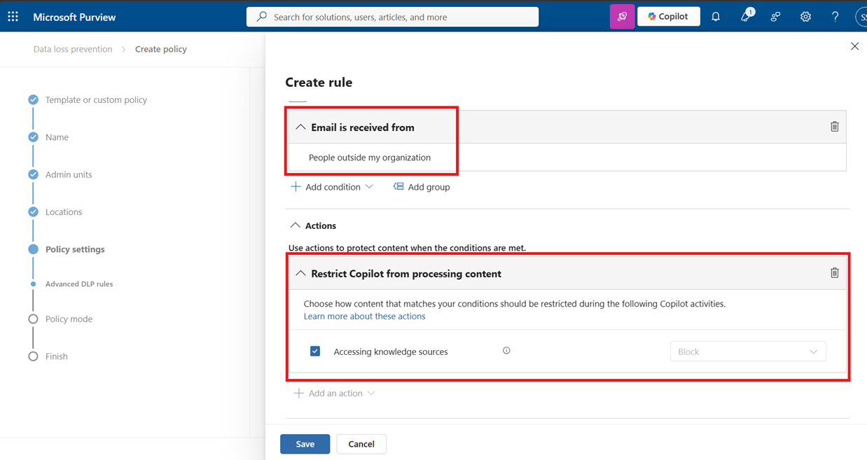 Microsoft Purview DLP rule configuration screenshot