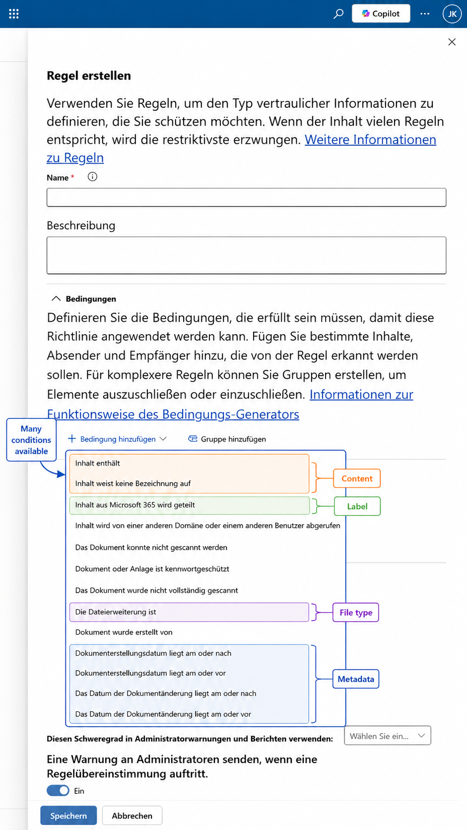 Purview DLP condition selector listing conditions for content, labels, sharing, access, scan state, file extension, document creator and creation and modification dates