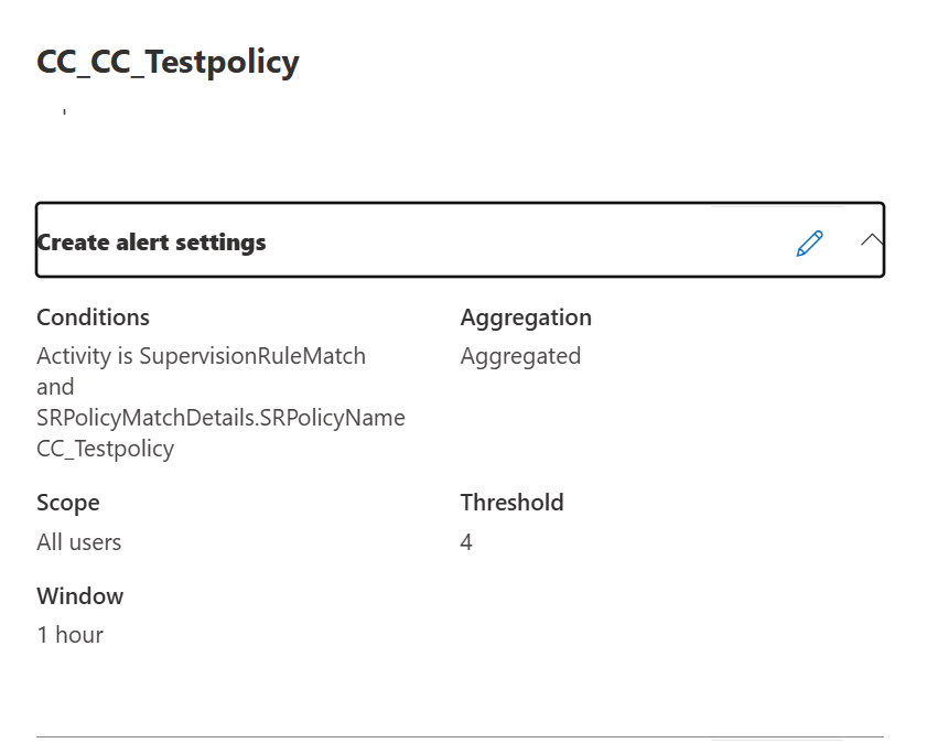 Alert settings of the CC_CC_Testpolicy alert policy showing the SupervisionRuleMatch condition, aggregated alerts, threshold 4 and a one hour window