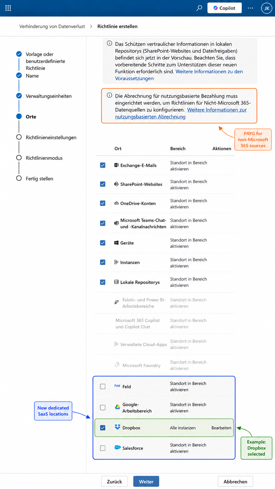 Purview DLP policy wizard locations page with Box, Google Workspace, Dropbox and Salesforce listed as dedicated locations, Dropbox scoped to all instances, and a pay as you go notice above the table