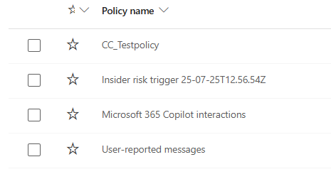 Communication Compliance policy list showing CC_Testpolicy, an insider risk trigger policy, Microsoft 365 Copilot interactions and User-reported messages