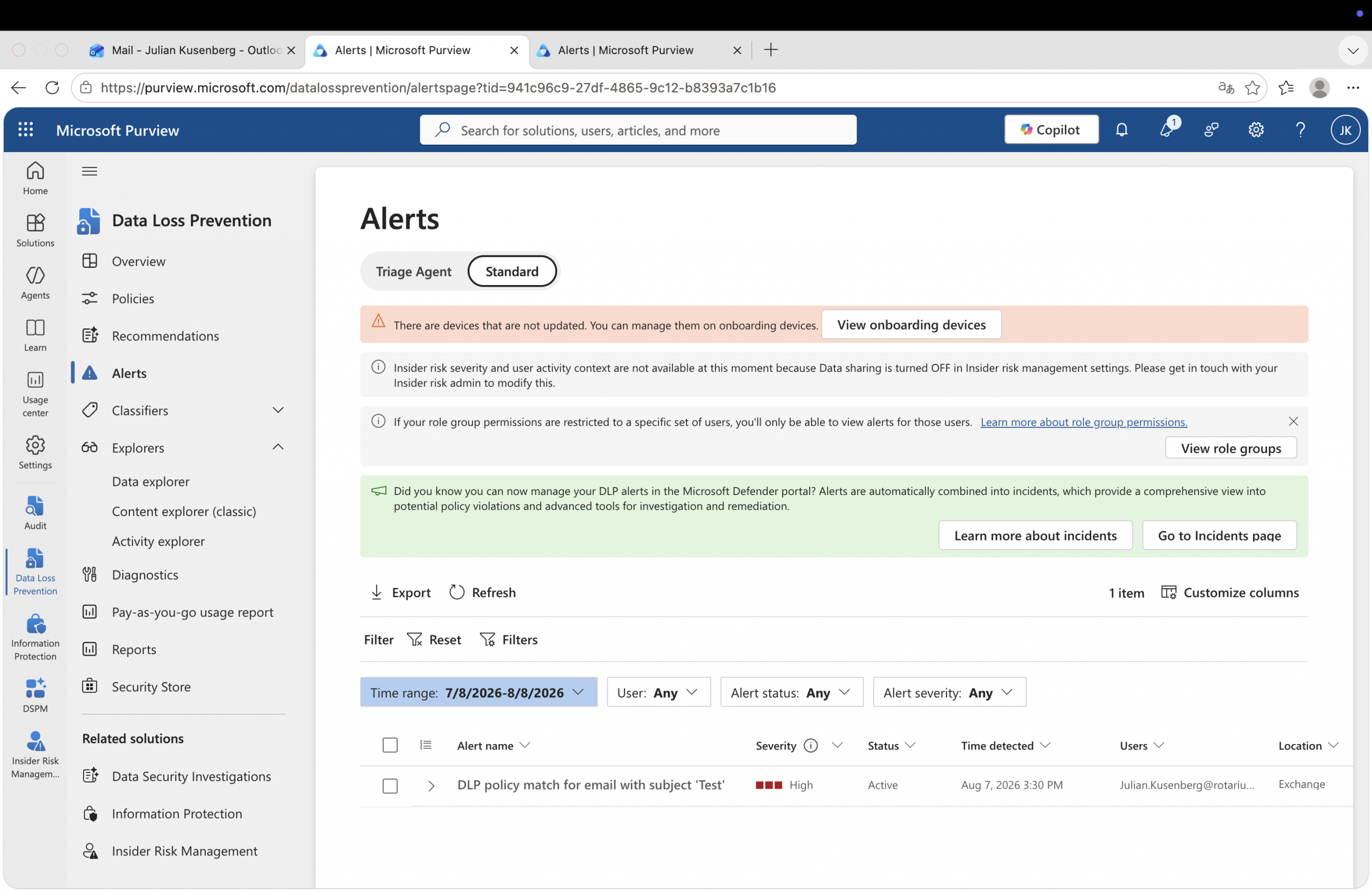 Microsoft Purview DLP alerts dashboard showing SharePoint alerts but no Exchange alert for the matched rule