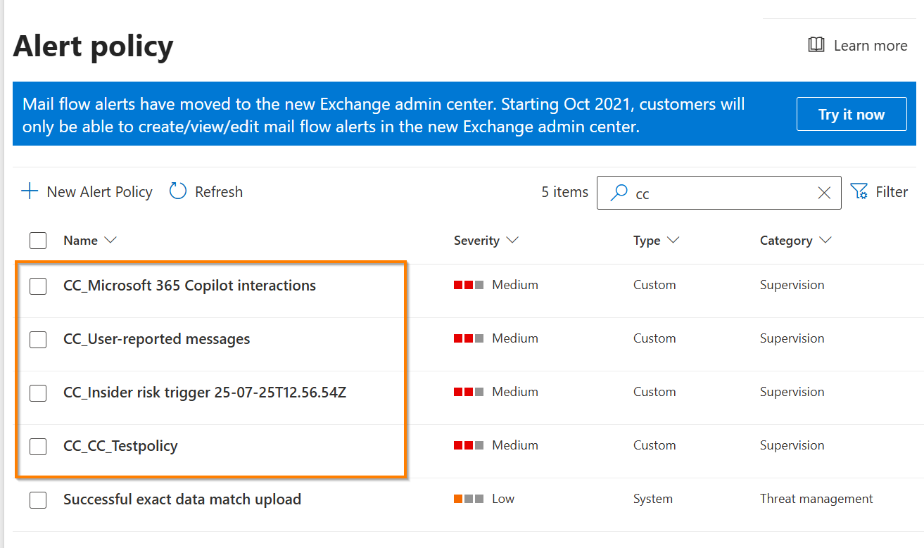 Alert policy list in Microsoft Purview filtered for cc, showing four custom alert policies in the Supervision category