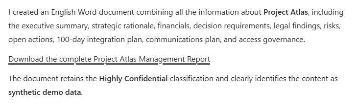 Microsoft 365 Copilot response confirming the creation of the Project Atlas Management Report and stating its Highly Confidential classification