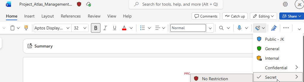 Project_Atlas_Management_Report_EN opened in Word, with the sensitivity bar showing the Highly Confidential label